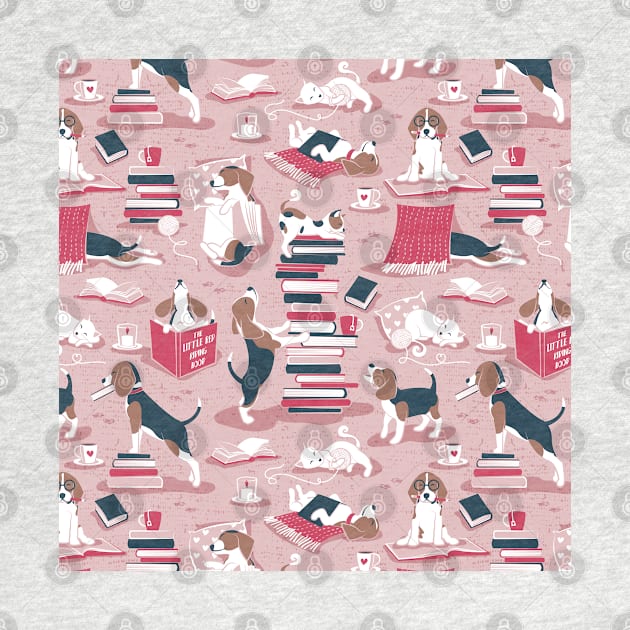 Life is better with books a hot drink and a friend // pattern // pink background brown white and blue beagles and cats and red cozy details by SelmaCardoso